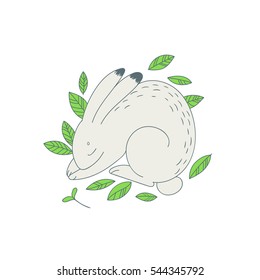 Vector hand drawn illustration of a cute rabbit in the forest.