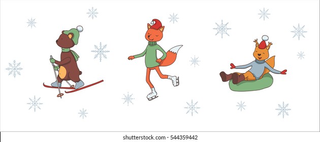 Vector hand drawn illustration. Cute animals doing winter activities. Set of isolated images.