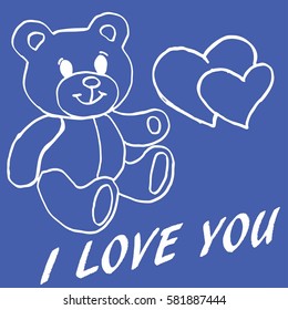 Vector hand drawn  illustration of cute teddy bear, heart.  'I Love You' title on it on paper texture background. Soft toy teddy bear with heart valentine design element