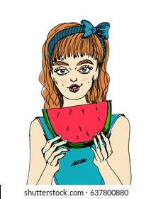 Vector hand drawn illustration of cute girl eating watermelon on white background. Summer fresh banner and poster. Advertising, hot weather, inspiring image. Cartoon style. Bright colorful banner.