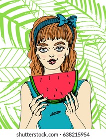 Vector hand drawn illustration of cute girl eating watermelon on sketch style tropical leaves background. Summer fresh banner and poster. Advertising, hot weather, inspiring image. Cartoon style.