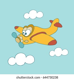 Vector hand drawn illustration of Cute cartoon color airplane on blue sky background with clouds. Baby Coloring book page. Funny plane for Children paint. pajamas,sleepwear,Diapers or napkin print