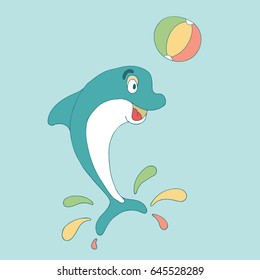 Vector hand drawn illustration of Cute cartoon color little dolphin on blue background with ball. Baby Coloring book page. Funny fish for Children paint. pajamas,sleepwear,Diapers or napkin print