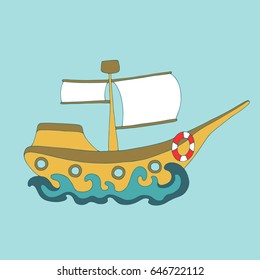 Vector hand drawn illustration of Cute cartoon color ship with waves on blue background. Baby Coloring book page. Funny boat for Children paint. pajamas,sleepwear,Diapers or napkin print