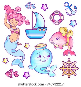Vector hand drawn illustration of cute dolphin boy, girl,sea set, mermaid, fish. Used for t-shirt print, kids wear, shower, celebration greeting and invitation card. Isolated elements on wight back.