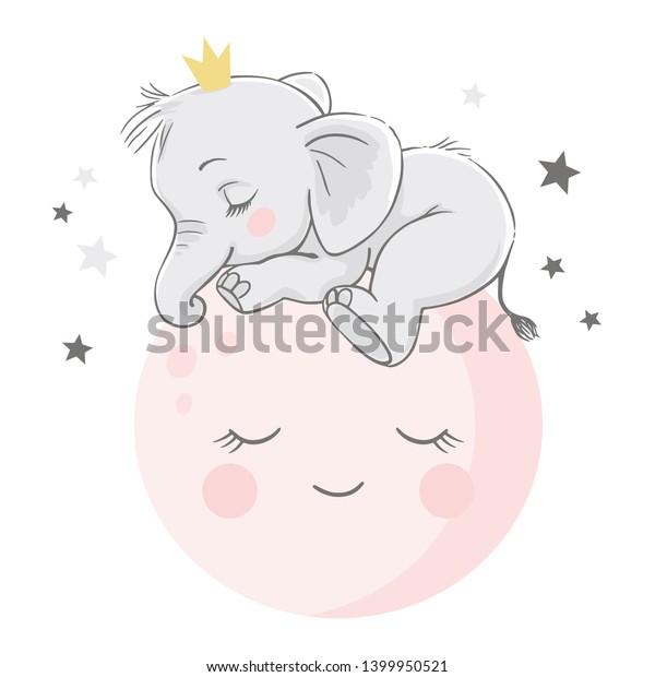 ピンクの月の上で寝ている かわいい赤ちゃんゾウのベクター手描きのイラスト のベクター画像素材 ロイヤリティフリー