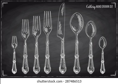 Vector hand drawn illustration with cutlery set. Sketch. Vintage illustration. Chalkboard.