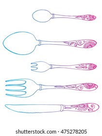 Vector hand drawn illustration with cutlery set. Sketch. Vintage illustration. Black and white drawing by hand. Graphic arts. Line art. Doodle. Canteen. A restaurant.
