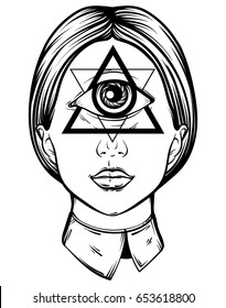 Vector hand drawn illustration of cyclops. Tattoo hand sketched artwork. All seeing eye pyramid symbol. Template for card, poster, banner, print for t-shirt.