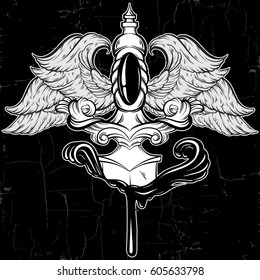 Vector hand drawn illustration of dagger in bleeding wound with wings. Tattoo artwork in vintage style. Template for card, poster, banner, print for t-shirt.