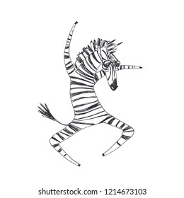 Vector hand drawn illustration with dancing animal with fashion pattern of leather. Zebra hipster, dressed in 90s style. Funny character in animalistic print