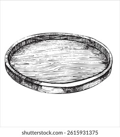 Vector dibujado a mano ilustración de una bandeja de madera oscura para alimentos, bebidas o como decoración. Puede ser utilizado en telas y productos de papel y otros.	