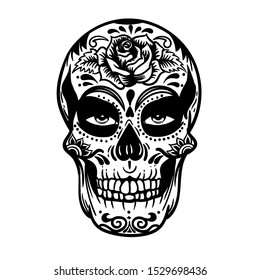 Vector hand drawn illustration of Day Of The Dead Skull. Skull sugar flower. Skull tattoo isolated on white.