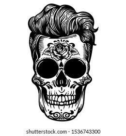 Vector hand drawn illustration of Day Of The Dead Skull. Hipster Skull sugar flower. Skull tattoo isolated on white.