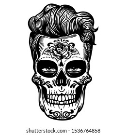 Vector hand drawn illustration of Day Of The Dead Skull. Skull hipster sugar flower. Skull tattoo isolated on white.