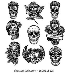 Vector hand drawn illustration of Day Of The Dead Skull and sugar skull girl. Skulls hipster, sugar flower. Skull tattoo punk style  isolated on white.