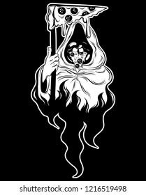 Vector hand drawn illustration of death with slice of pizza. Creative tattoo artwork. Template for card, poster, banner, print for t-shirt, pin, badge, patch.