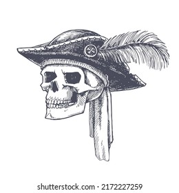 Vector hand drawn illustration of death pirate. Sketch of skull in bandana and vintage hat with feather. 
