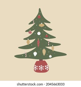 Vector hand drawn illustration with decorated christmas tree. Isolated on white background