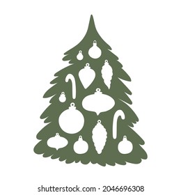 Vector hand drawn illustration with decorated christmas tree silhouette. Isolated on white background