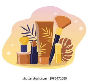 ilustración de vector dibujada a mano - cosméticos decorativos y de cuidado (crema, lápiz labial, brochas de maquillaje), hojas de palma. ilustración de tendencia en estilo plano