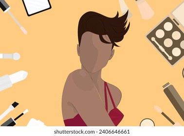 vector hand drawn illustration - decorative and care cosmetics (cream, lipstick, makeup brushes)and a girl in a mask on her face with a towel on her head . trend illustration in flat style
