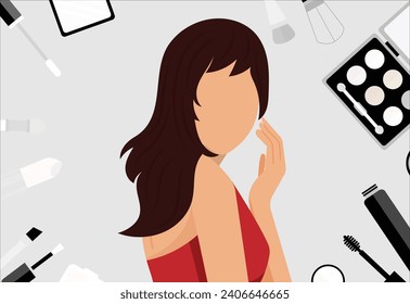 vector hand drawn illustration - decorative and care cosmetics (cream, lipstick, makeup brushes)and a girl in a mask on her face with a towel on her head . trend illustration in flat style