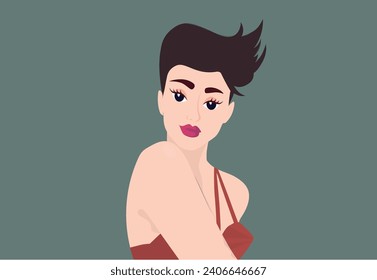 vector hand drawn illustration - decorative and care cosmetics (cream, lipstick, makeup brushes)and a girl in a mask on her face with a towel on her head . trend illustration in flat style