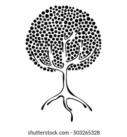 Vector hand drawn illustration, decorative ornamental stylized tree. Black and white graphic illustration isolated on the white background. Inc drawing silhouette. Decorative artistic ornamental wood