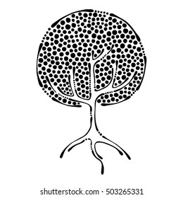 Vector hand drawn illustration, decorative ornamental stylized tree. Black and white graphic illustration isolated on the white background. Inc drawing silhouette. Decorative artistic ornamental wood