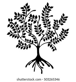 Vector hand drawn illustration, decorative ornamental stylized tree. Black and white graphic illustration isolated on the white background. Inc drawing silhouette. Decorative artistic ornamental wood