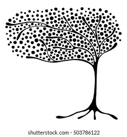 Vector hand drawn illustration, decorative ornamental stylized tree. Black and white graphic illustration isolated on the white background. Inc drawing silhouette. Decorative artistic ornamental wood