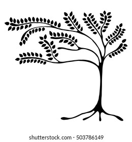 Vector hand drawn illustration, decorative ornamental stylized tree. Black and white graphic illustration isolated on the white background. Inc drawing silhouette. Decorative artistic ornamental wood