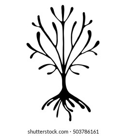 Vector hand drawn illustration, decorative ornamental stylized tree. Black and white graphic illustration isolated on the white background. Inc drawing silhouette. Decorative artistic ornamental wood