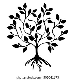 Vector hand drawn illustration, decorative ornamental stylized tree. Black and white graphic illustration isolated on the white background. Inc drawing silhouette. Decorative artistic ornamental wood