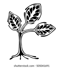 Vector hand drawn illustration, decorative ornamental stylized tree. Black and white graphic illustration isolated on the white background. Inc drawing silhouette. Decorative artistic ornamental wood