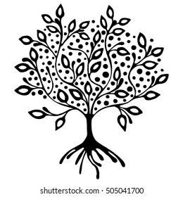 Vector hand drawn illustration, decorative ornamental stylized tree. Black and white graphic illustration isolated on the white background. Inc drawing silhouette. Decorative artistic ornamental wood
