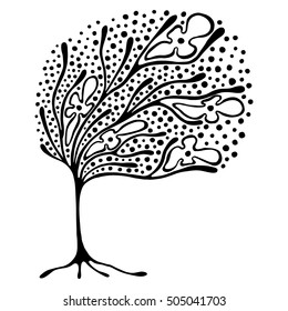Vector hand drawn illustration, decorative ornamental stylized tree. Black and white graphic illustration isolated on the white background. Inc drawing silhouette. Decorative artistic ornamental wood