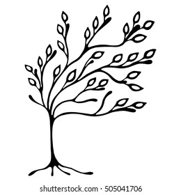 Vector hand drawn illustration, decorative ornamental stylized tree. Black and white graphic illustration isolated on the white background. Inc drawing silhouette. Decorative artistic ornamental wood