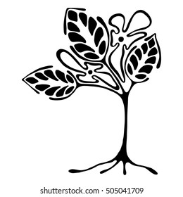Vector hand drawn illustration, decorative ornamental stylized tree. Black and white graphic illustration isolated on the white background. Inc drawing silhouette. Decorative artistic ornamental wood