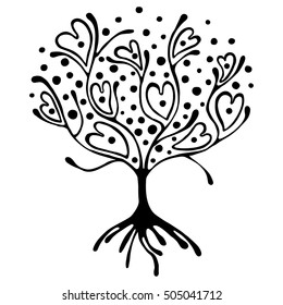 Vector hand drawn illustration, decorative ornamental stylized tree. Black and white graphic illustration isolated on the white background. Inc drawing silhouette. Decorative artistic ornamental wood