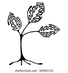 Vector hand drawn illustration, decorative ornamental stylized tree. Black and white graphic illustration isolated on the white background. Inc drawing silhouette. Decorative artistic ornamental wood