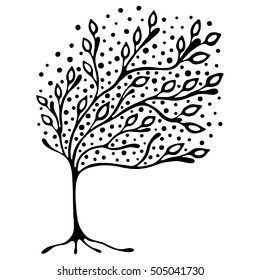 Vector hand drawn illustration, decorative ornamental stylized tree. Black and white graphic illustration isolated on the white background. Inc drawing silhouette. Decorative artistic ornamental wood