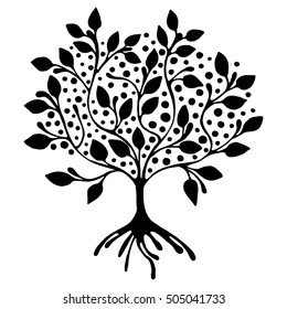 Vector hand drawn illustration, decorative ornamental stylized tree. Black and white graphic illustration isolated on the white background. Inc drawing silhouette. Decorative artistic ornamental wood