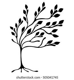 Vector hand drawn illustration, decorative ornamental stylized tree. Black and white graphic illustration isolated on the white background. Inc drawing silhouette. Decorative artistic ornamental wood