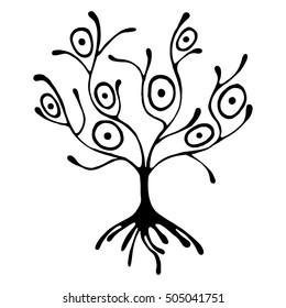 Vector hand drawn illustration, decorative ornamental stylized tree. Black and white graphic illustration isolated on the white background. Inc drawing silhouette. Decorative artistic ornamental wood