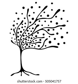 Vector hand drawn illustration, decorative ornamental stylized tree. Black and white graphic illustration isolated on the white background. Inc drawing silhouette. Decorative artistic ornamental wood