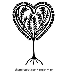 Vector hand drawn illustration, decorative ornamental stylized tree. Black and white graphic illustration isolated on the white background. Inc drawing silhouette. Decorative artistic ornamental wood