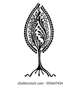 Vector hand drawn illustration, decorative ornamental stylized tree. Black and white graphic illustration isolated on the white background. Inc drawing silhouette. Decorative artistic ornamental wood