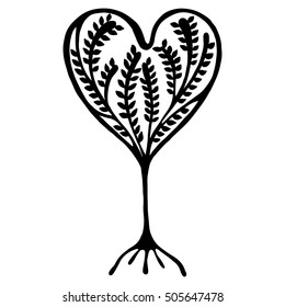 Vector hand drawn illustration, decorative ornamental stylized tree. Black and white graphic illustration isolated on the white background. Inc drawing silhouette. Decorative artistic ornamental wood